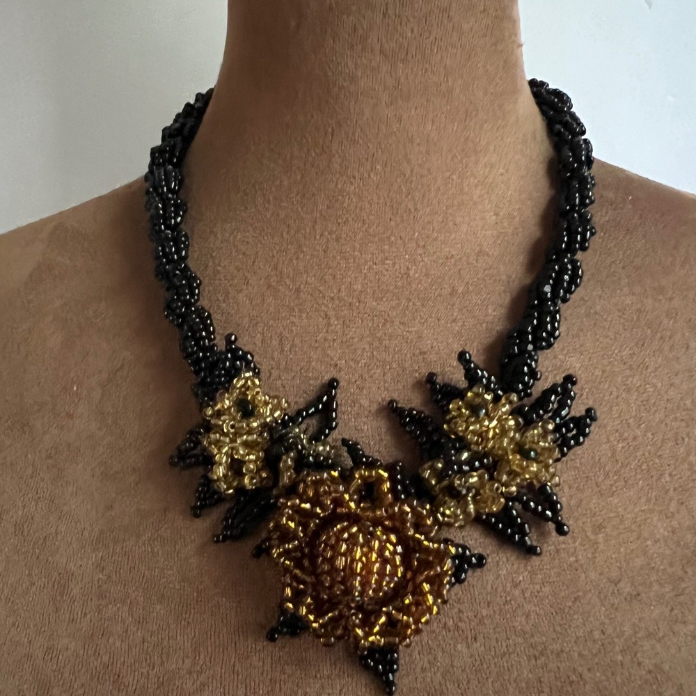 Vintage Black Gold Seed Bead Floral Statement Necklace Adjustable 20"